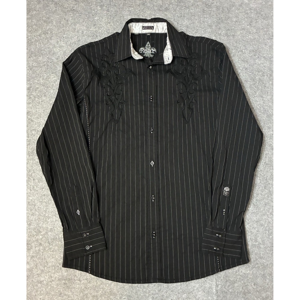 Roar Strength Refined Black Button Up Long Sleeve Shirt Mens Medium Embroidered
